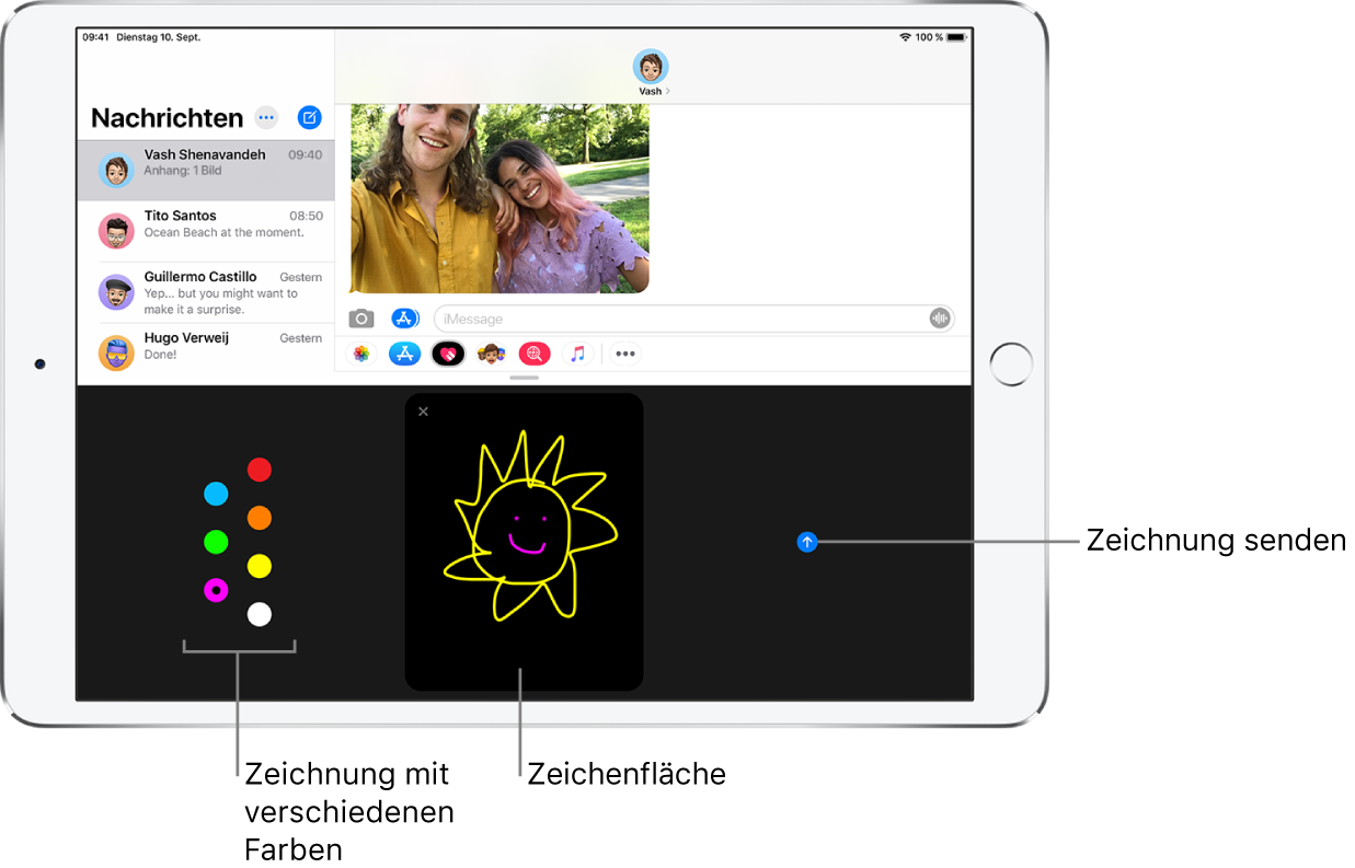 Ein Fenster in der App „Nachrichten“, in dem unten der Bereich für Digital Touch zu sehen ist. Die Farboptionen befinden sich auf der linken Seite, der Zeichenbereich in der Mitte und die Taste „Senden“ auf der rechten Seite.