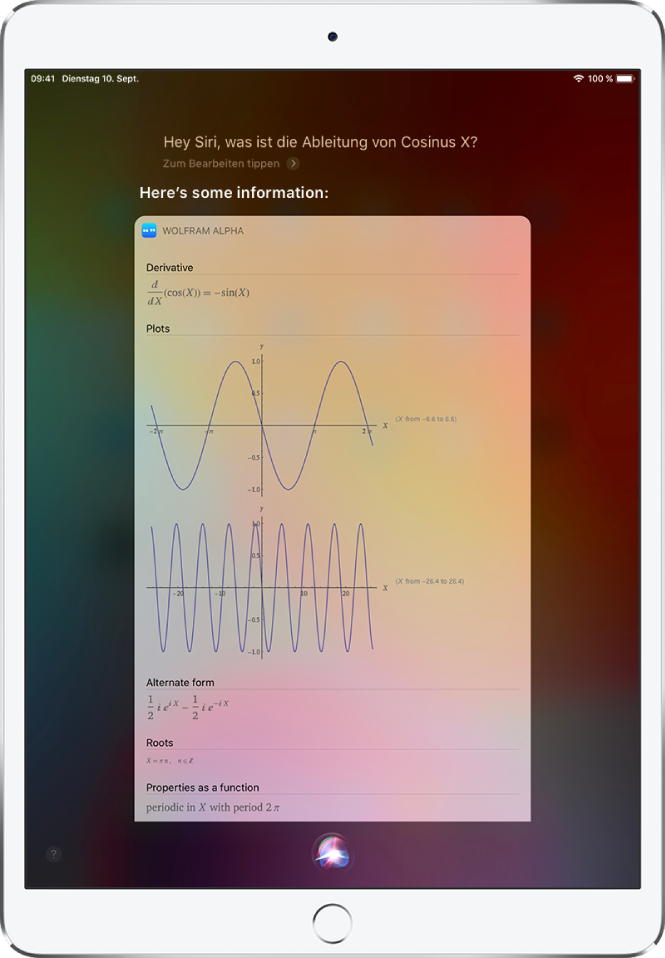Eine Antwort auf die Frage „Was ist die Ableitung von Cosinus X“ Auf dem Bildschirm werden von oben nach unten eine Gleichung, zwei Diagramme und zusätzliche Informationen angezeigt.