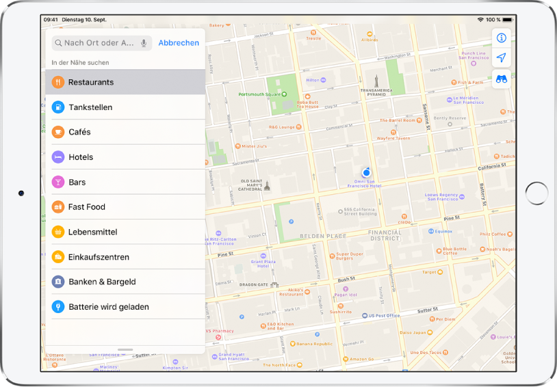 Eine Karte mit einem Teil von San Francisco. Links befindest sich eine Liste mit Objekten wie Restaurants, Cafés und Fast Food. Restaurants ist ausgewählt. Auf der Karte zeigen orangefarbene Symbole Orte an, an denen man etwas zu Essen finden kann. Oben rechts werden die Tasten „Informationen“, „Standort“ und „3D“ angezeigt.