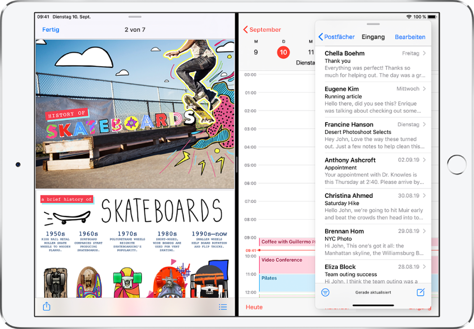 Auf der linken Seite des Bildschirms befindet sich eine geöffnete Grafik-App, rechts ist die geöffnete App „Kalender“ zu sehen und die App „Mail“ ist in einem Slide Over-Fenster geöffnet, das die App „Kalender“ teilweise verdeckt.