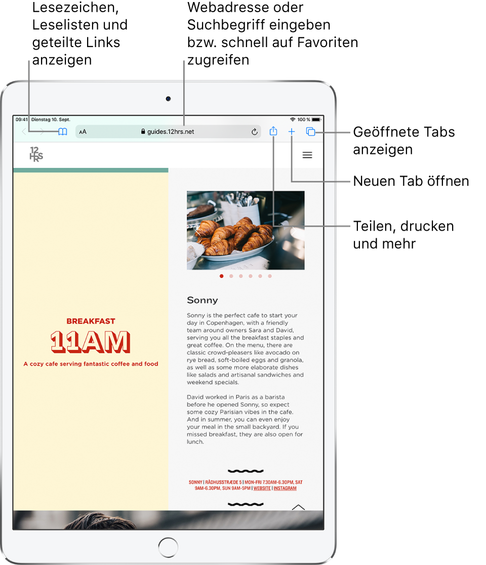 Eine in Safari geöffnete Webseite, auf der von links nach rechts die folgenden Steuerelemente zu sehen sind: die Tasten „Zurück“, „Vorwärts“ und „Lesezeichen“ sowie das Adressfeld und die Tasten „Teilen“, „Neuer Tab“ und „Seiten“.