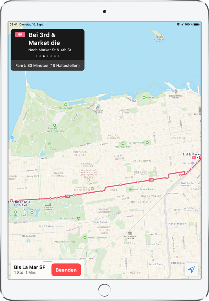 Eine Karte mit ÖPNV-Routen in San Francisco. Auf einer Routenkarte oben links ist eine Anweisung zum Verlassen des Busses an der dritten Station zu sehen.