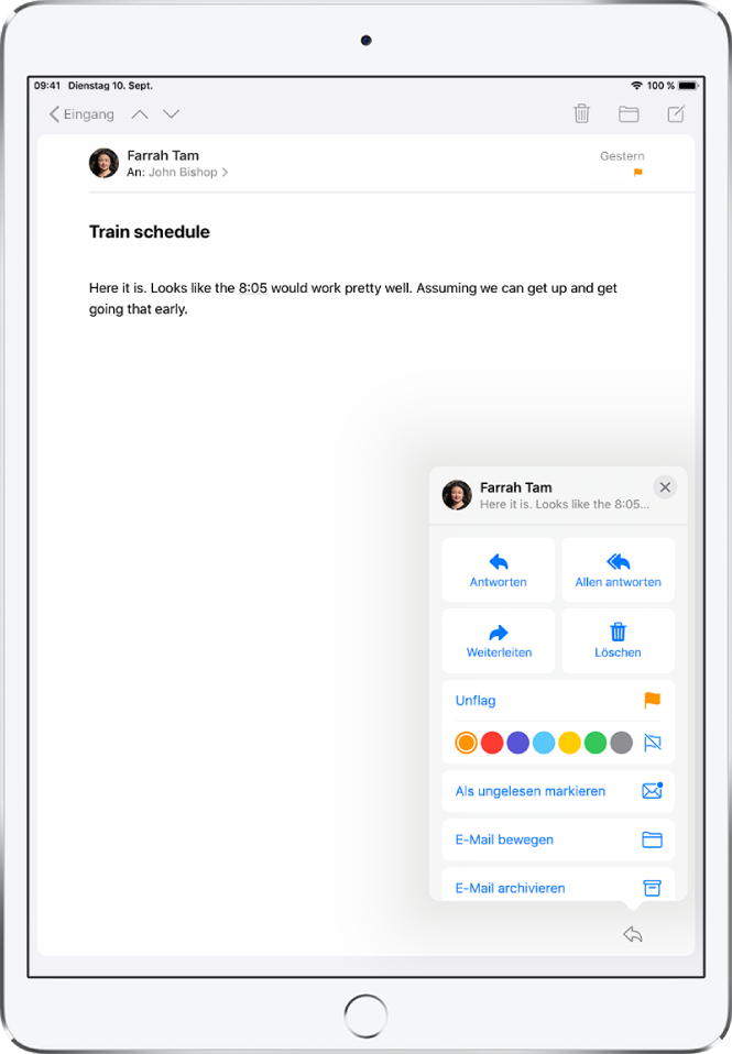 Eine E-Mail, die unten links Antwortoptionen zeigt. Unter diesen Optionen befinden sich Farbauswahlen für Markierungen.