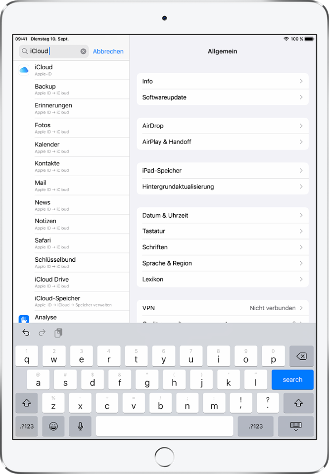 Der Bildschirm zum Suchen von Einstellungen mit dem Suchfeld oben. Im Suchfeld ist der Begriff „iCloud“ zu sehen. Die Liste darunter enthält die Einträge, in denen der Suchbegriff gefunden wurde.