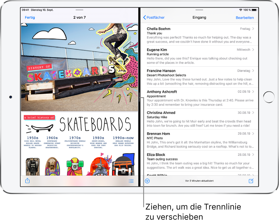 Auf der linken Seite des Bildschirms ist eine Grafik-App geöffnet. Auf der rechten Seite ist Mail geöffnet. Eine Hinweis auf die dunkle Linie zwischen den beiden Apps besagt, dass du diese Linie bewegen sollst, um die Bildschirmaufteilung anzupassen.