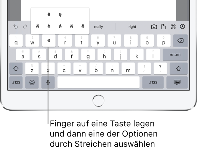 Bildschirm mit alternativen Zeichen für den Kleinbuchstaben „e“.
