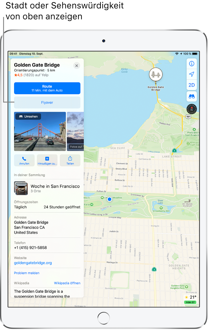 Eine Karte von San Francisco. Links auf dem Bildschirm befindet sich eine Informationskarte für die Golden Gate Bridge mit einer Taste „Flyover“ unter der Taste „Route“.