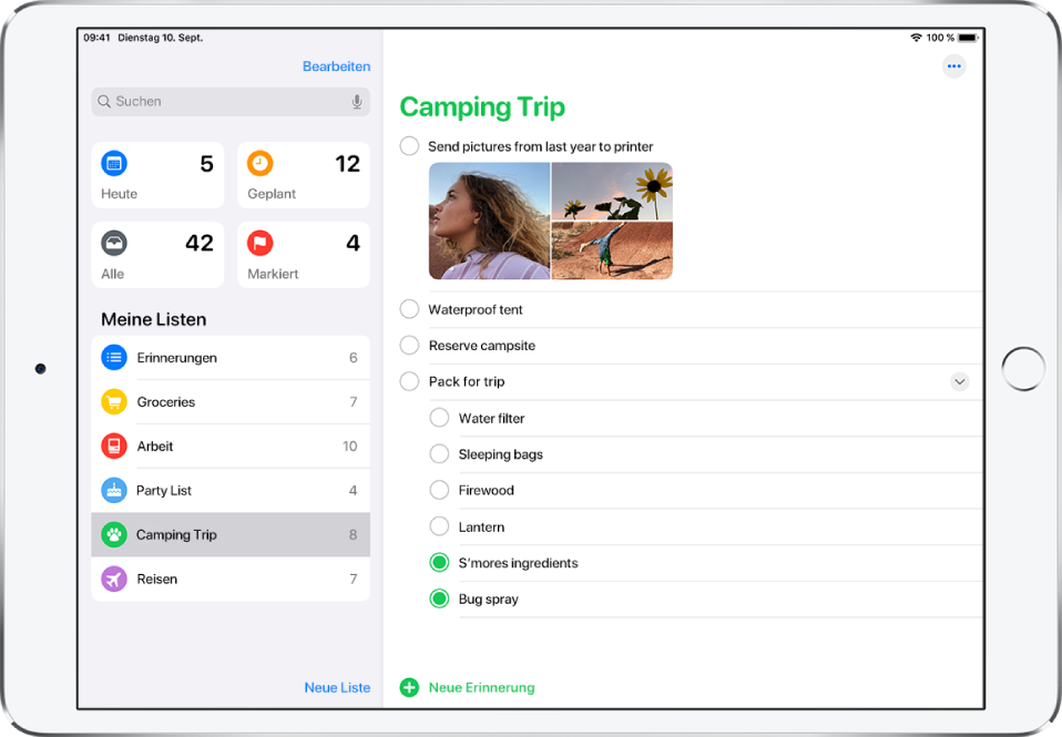 Der Bildschirm „Erinnerungen“ mit einer Liste mit Erinnerungen auf der linken Seite und einer Liste mit dem Titel „Camping Trip“ auf der rechten Seite. Tippe auf eine Erinnerung, um sie als erledigt zu markieren.
