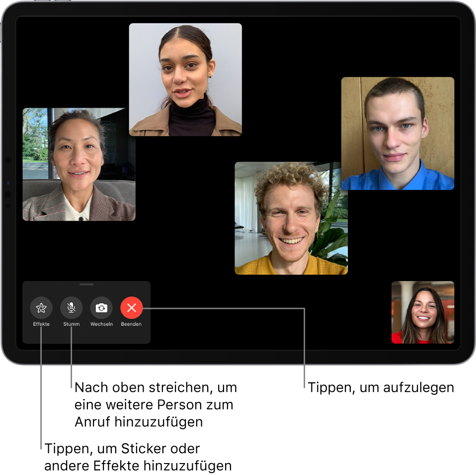 Ein FaceTime-Gruppenanruf mit fünf Teilnehmern, einschließlich des Initiators. Jeder Teilnehmer wird in einer separaten Kachel angezeigt. Die Steuerelemente unten links sind für Effekte, zum Stummschalten, Spiegeln und Beenden.