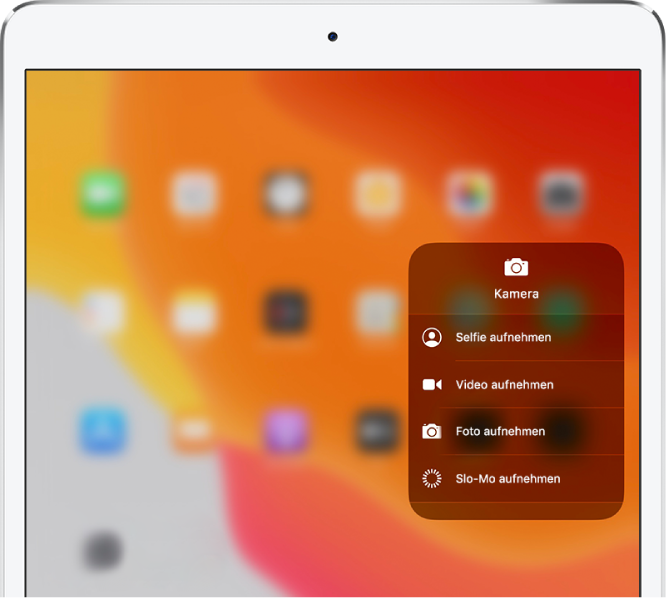 Ein Bildschirm mit den zusätzlichen Optionen für die Kamera, die im Kontrollzentrum verfügbar sind, wenn du den Finger auf das Steuerelement für die Kamera legst. Folgende Optionen sind verfügbar: „Selfie aufnehmen“, „Video aufnehmen“, „Foto aufnehmen“ und „Slo-Mo aufnehmen“.