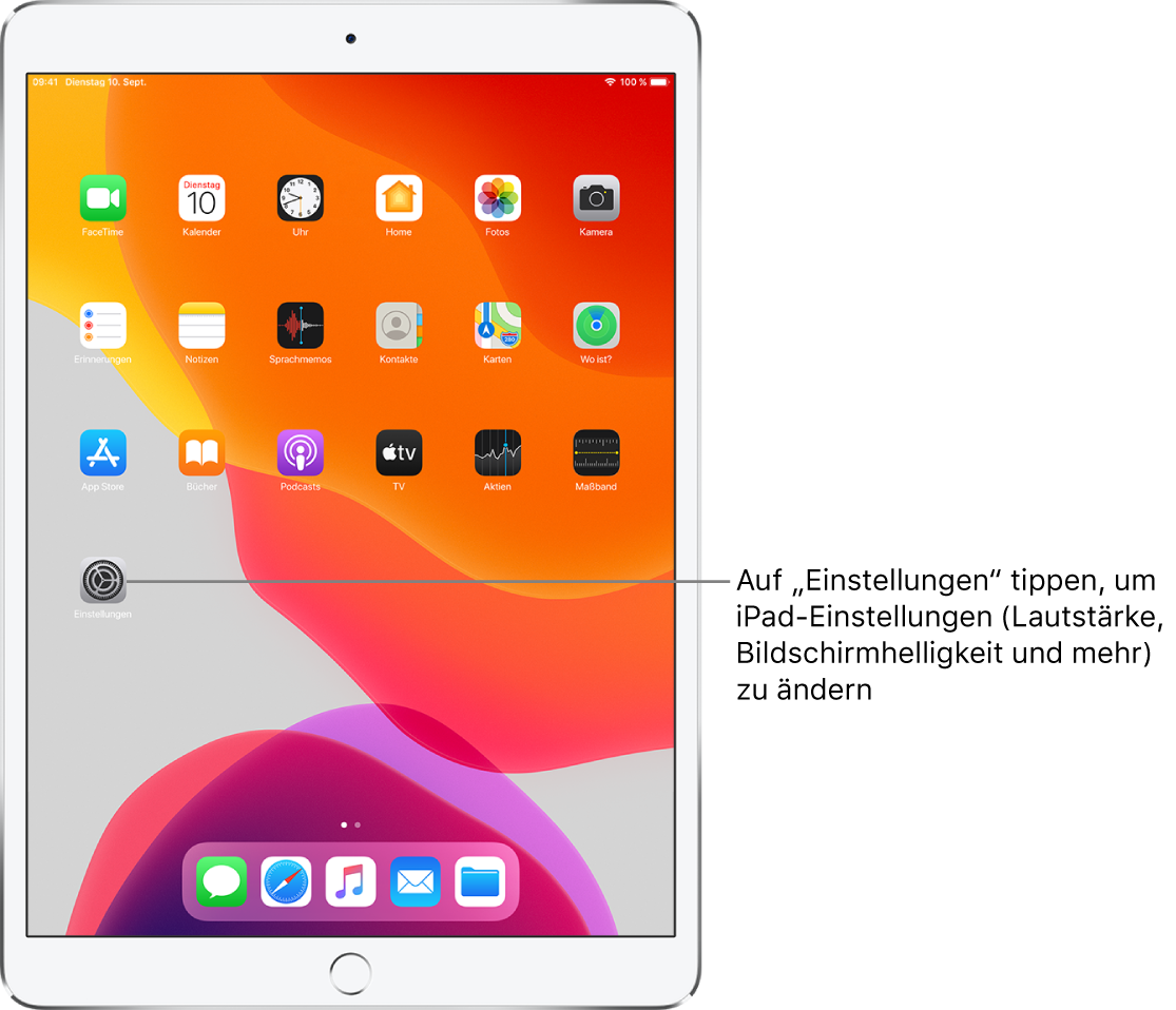 Der Home-Bildschirm des iPad mit mehreren Symbolen, unter anderem mit dem Symbol der App „Einstellungen“, in der du Einstellungen wie die Lautstärke und die Bildschirmhelligkeit für das iPad ändern kannst.
