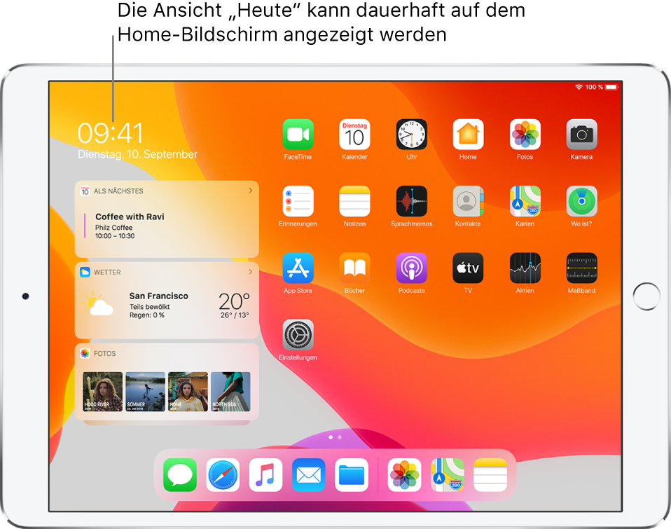 Der Home-Bildschirm mit den Widgets in der Ansicht „Heute“, darunter „Als Nächstes“, „Wetter“ und „Fotos“. Die Widgets wurden an den Home-Bildschirm angeheftet und befinden sich neben den App-Symbolen.