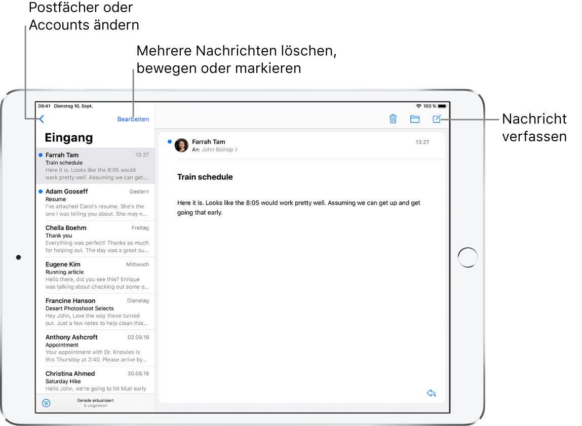 Der Posteingang der App „Mail“ mit einer E-Mail-Liste auf der linken Seite und einer geöffneten E-Mail-Konversation auf der rechten Seite. In der Ecke oben links befindet sich die Taste „Postfächer“ für den Wechsel zu einem anderen Postfach. In der Ecke unten links befindet sich die Taste zum Filtern von E-Mails, sodass nur bestimmte E-Mails angezeigt werden. In der Ecke oben rechts befindet sich die Taste zum Erstellen einer neuen E-Mail.