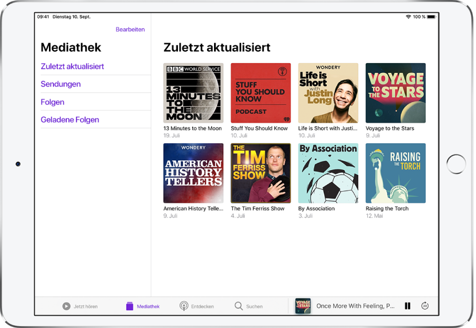 Der Tab „Mediathek“ mit kürzlich aktualisierten Podcasts.