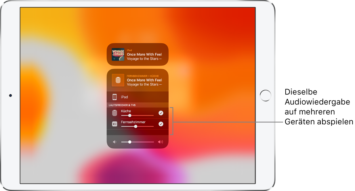 Der iPad-Bildschirm zeigt HomePod und Apple TV als ausgewählte Audioziele.