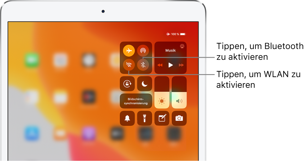 Der Bildschirm „Kontrollzentrum“ mit der aktivierten Option „Flugmodus“ und den Hinweisen, dass beim Tippen auf das Steuerelement unten links in der oberen linken Gruppe die Option „WLAN“ und beim Tippen auf das Element unten rechts in derselben Gruppe die Option „Bluetooth“ aktiviert wird.