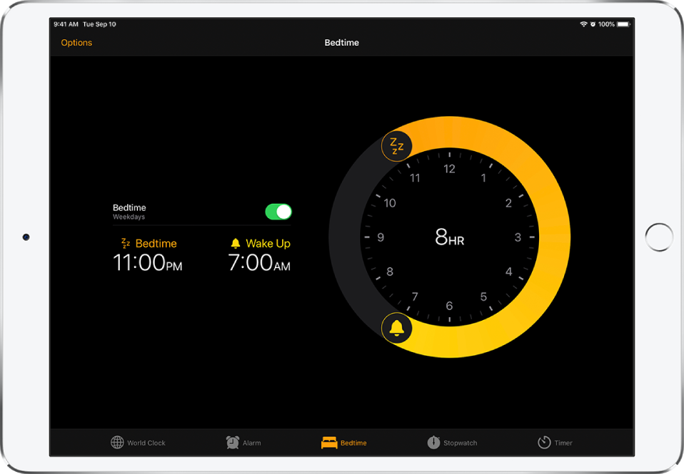 The Bedtime screen, showing a bedtime starting at 11 p.m, a wake-up time of 7 a.m., and the Options button at the top left.