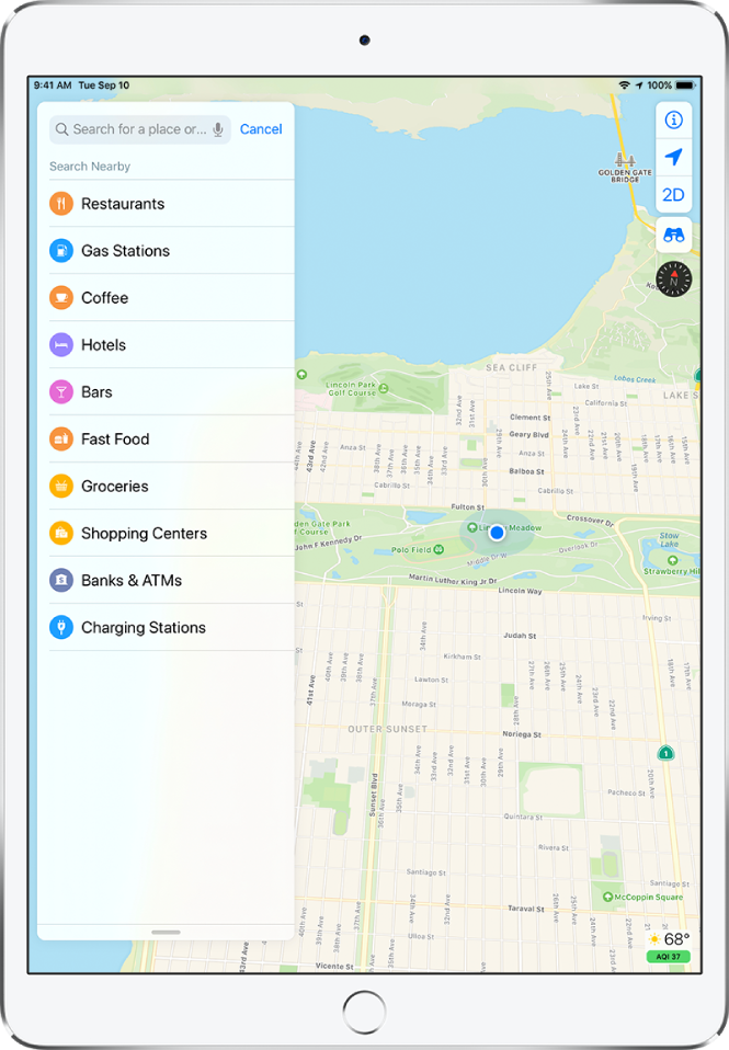 A list of services appears below the search field on the left side of the screen. The services are Restaurants, Gas Stations, Coffee, Hotels, Bars, Fast Food, Groceries, Shopping Centers, Banks & ATMs, and Charging Stations.