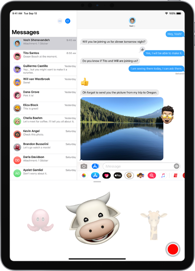 A Messages conversation with an Animoji selected and ready to be recorded before being sent.