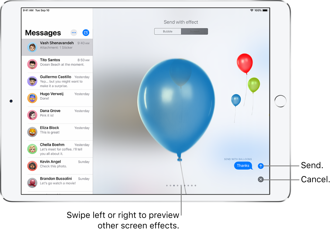 A message preview showing a full-screen effect with balloons.