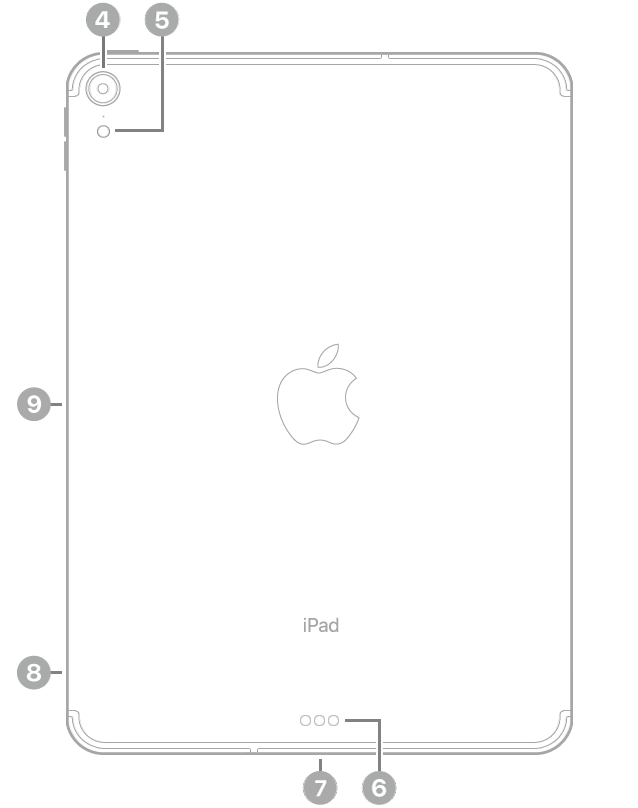 The back view of iPad Pro with callouts going clockwise from the top left: rear camera, flash, Smart Connector, USB-C Connector, SIM tray (Wi-Fi + Cellular), and magnetic connector for Apple Pencil.