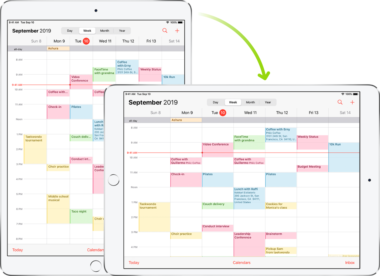 In the background, iPad displays a Calendar screen in portrait orientation; in the foreground, iPad is rotated and shows the Calendar screen in landscape orientation.
