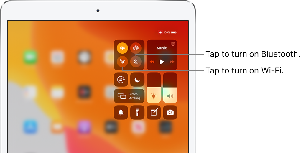 Control Center with airplane mode on, with callouts explaining that tapping the bottom-left button in the top-left group of controls turns on Wi-Fi and tapping the bottom-right button in that group turns on Bluetooth.