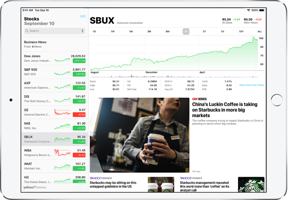 The Stocks screen in landscape orientation. The search field is in the top-left corner. Below the search field is the watchlist. A stock in the watchlist is selected. In the middle of the screen a chart shows the performance of the selected stock over the course of one year. Above the chart are buttons to display the stock performance by one day, one week, one month, three months, six months, one year, two years, five years, or ten years. Below the chart are stock details such as opening price, high, low, and market cap. Below the chart details are Apple News articles related to stock.