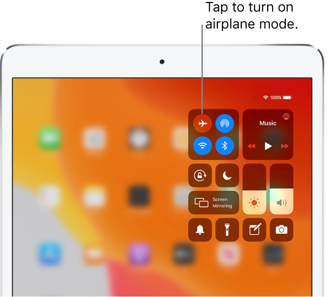 The Control Center screen showing that tapping the top-left button turns on airplane mode.