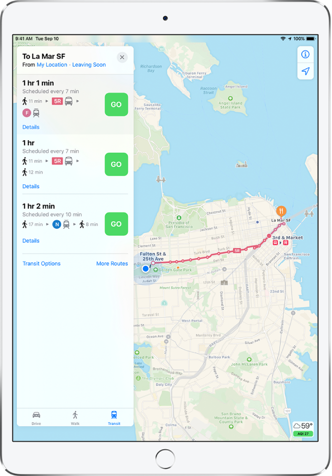 A map showing a transit route across San Francisco. A route card on the left lists three possible routes.