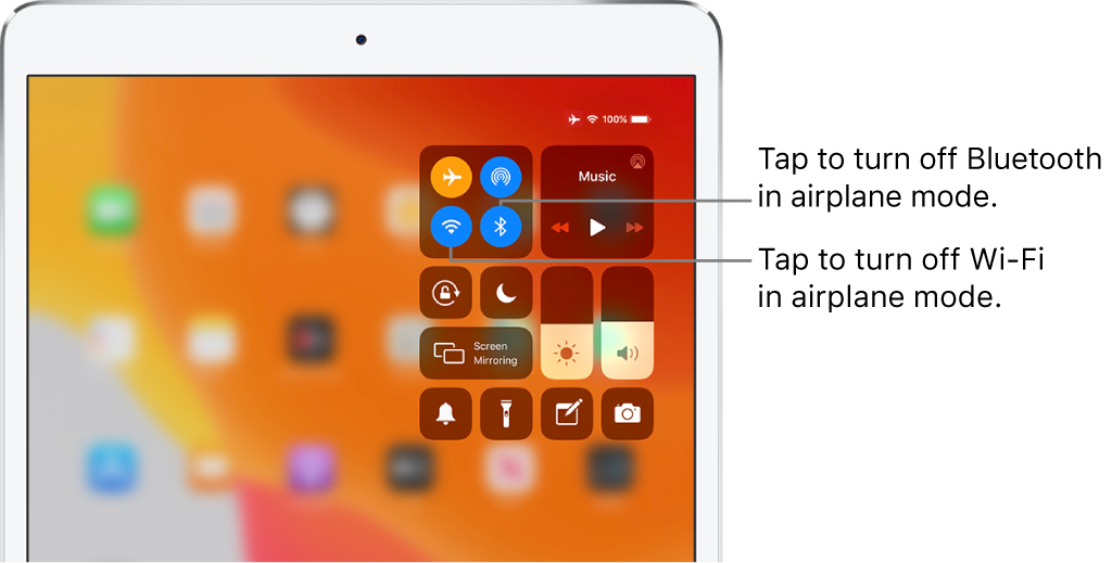 Control Center with airplane mode on, with callouts explaining that tapping the bottom-left button in the top-left group of controls turns off Wi-Fi and tapping the bottom-right button in that group turns off Bluetooth.