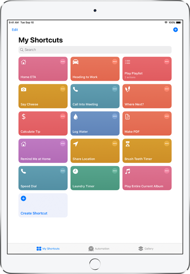 The My Shortcuts tab. At the top is a search field. Below that are shortcuts to complete common everyday tasks such as making a PDF, sharing your location, and setting a laundry timer. At the bottom are the Automation and Gallery tabs.