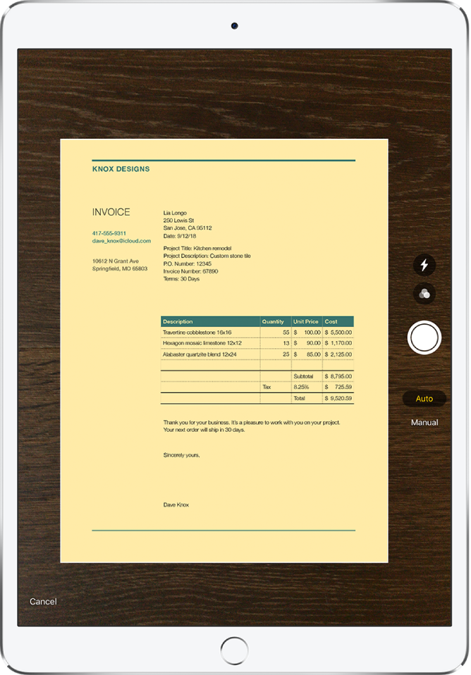 A screen showing a document being scanned. The Take Picture button is at the middle of the right edge.