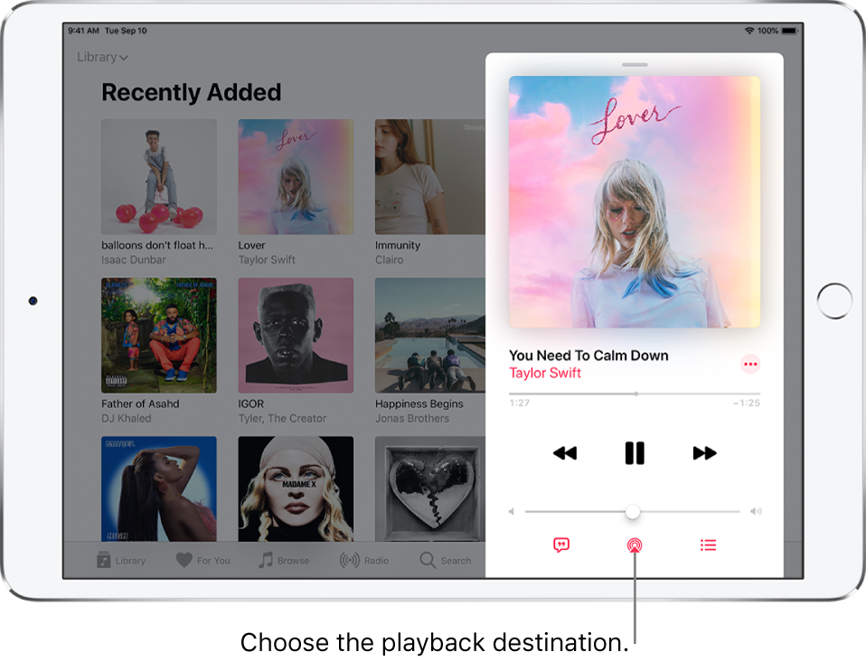 The playback controls on the Now Playing screen for Music. The Playback Destination button appears at the bottom of the screen.