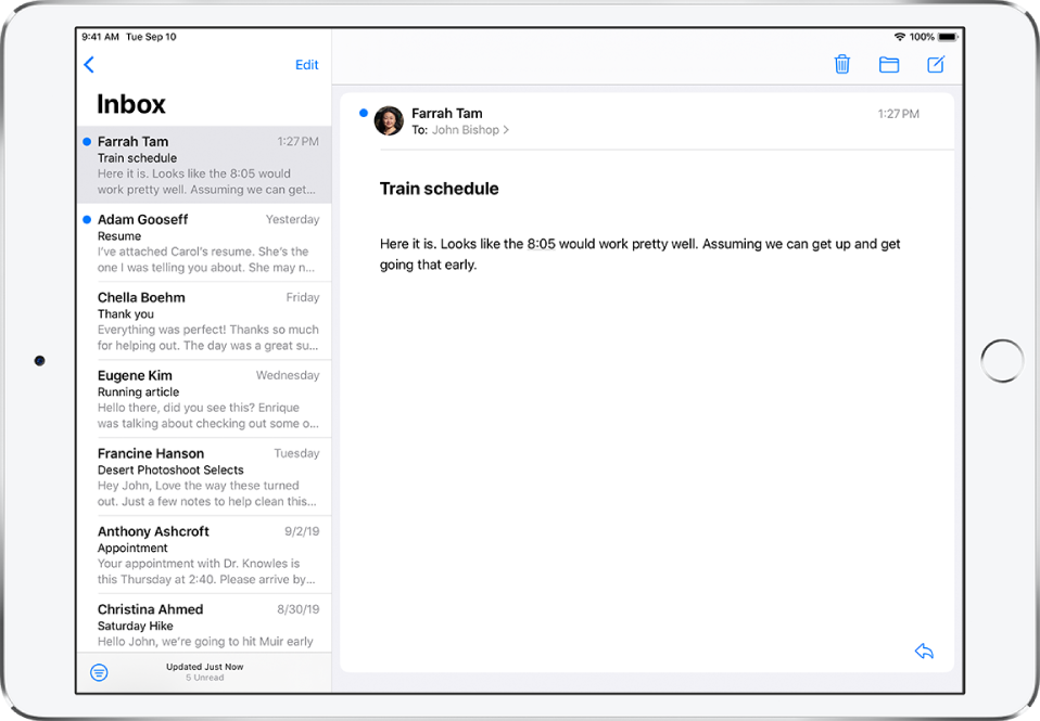 A preview of an email in the Inbox showing the sender’s name, the day the email was sent, the subject line, and the first two lines of the email.
