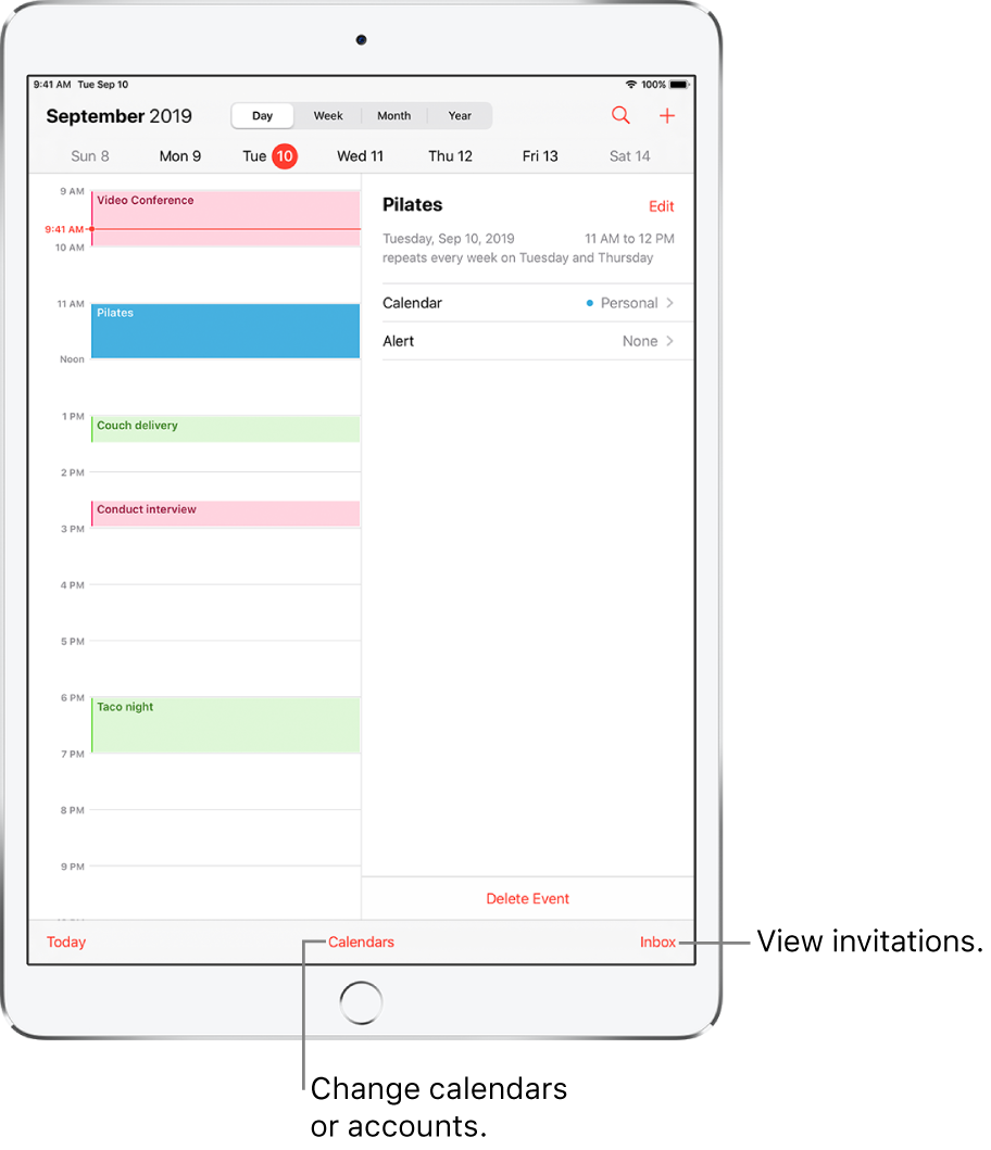A calendar in day view. Tap the buttons at the top to change the view between Day, Week, Month, and Year. Tap the Calendars button at the bottom to change calendars or accounts. Tap the Inbox button, located at the bottom right, to view invitations.