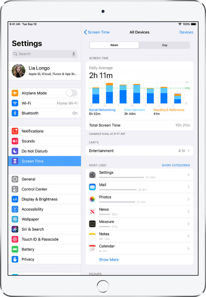 A Screen Time weekly report showing the total amount of time spent on apps, by category and by app.