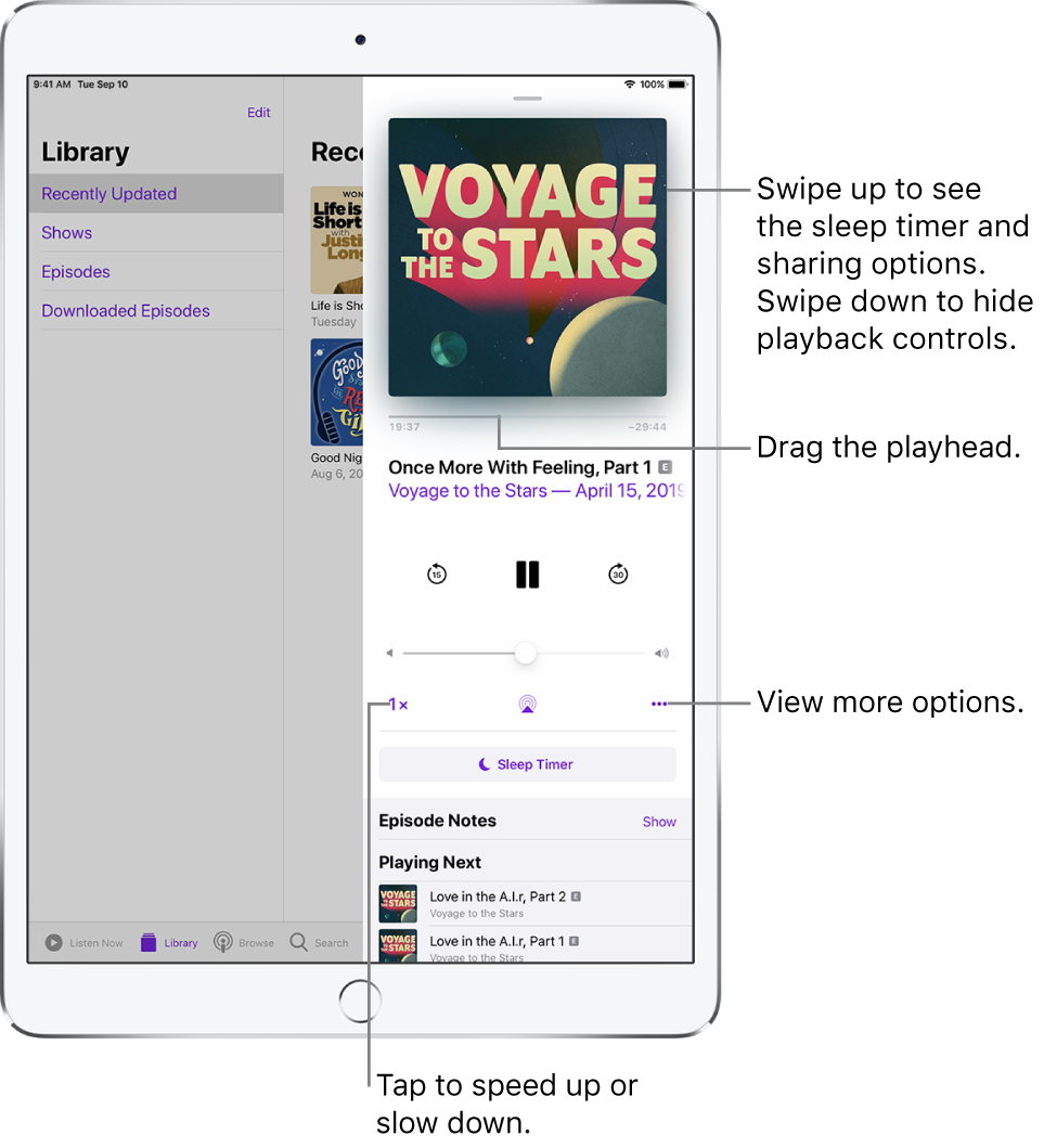 Podcast playback controls on the right side of the screen. In the center is the control for playing or pausing the podcast. Below it is the volume control. At the top of the screen is a slider to rewind or move ahead in the podcast. In the bottom-left corner is the control for changing the playback speed. In the bottom-right corner is the More button.