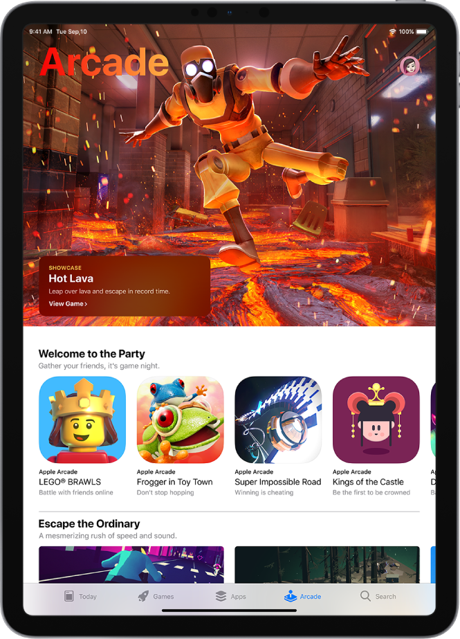 The Arcade screen of the App Store showing a featured game and other recommendations. Your profile picture, which you tap to view purchases and manage subscriptions, is in the top right. Along the bottom, from left to right, are the Today, Games, Apps, Arcade, and Search tabs.