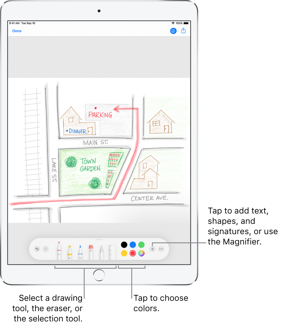 An image in a Markup window. Below the image, from left to right, are buttons for the Markup tools: drawing pens, eraser, selection tool, colors, and buttons for adding a text box, your signature, and shapes, and for choosing the Magnifier.