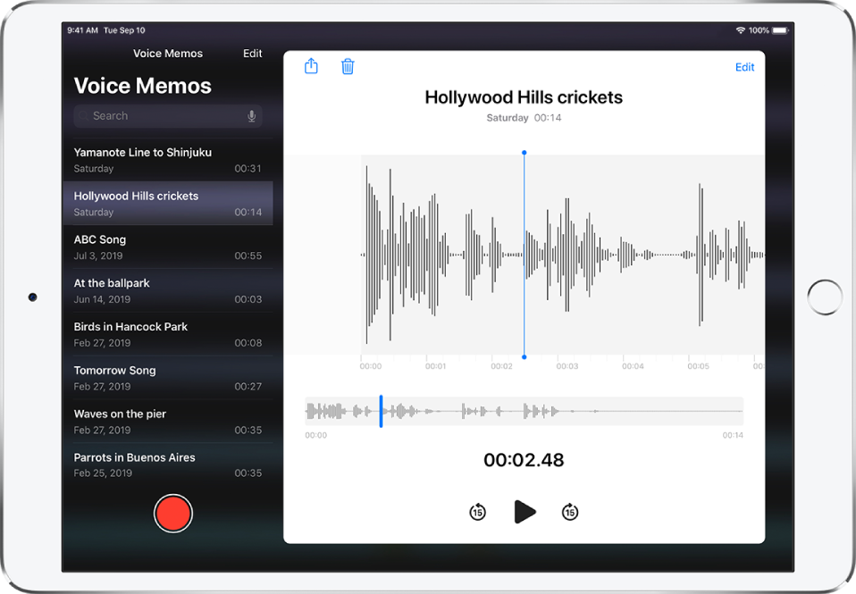 The Voice Memos list with a selected recording at the top. It has a playhead, and a timeline below the waveform. Above are the Share, Delete, Edit, and Trim buttons. Below the timeline are the buttons to skip back 15 seconds, play, and skip forward 15 seconds. At the left is a list of more recordings that can be opened with a tap.