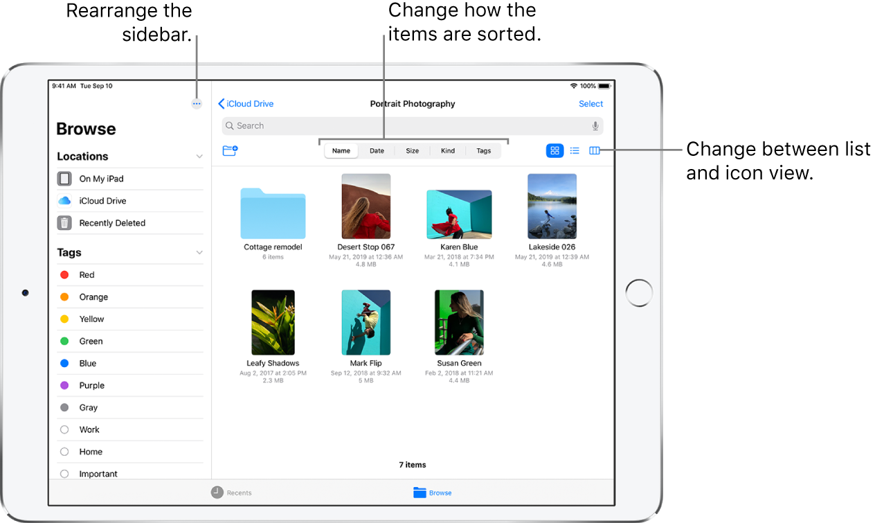 An iCloud Drive location showing buttons to rearrange the sidebar, to sort according to Name, Date, Size, and Tags, and to change between list and icon view.