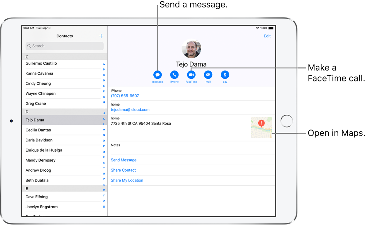 The Contacts screen, with the Contacts list on the left and the selected contact card on the right. Below the contact’s photo and name are buttons for sending a message, making a phone call, making a FaceTime call, sending an email message, and sending money with Apple Pay. Below the buttons is the contact information.