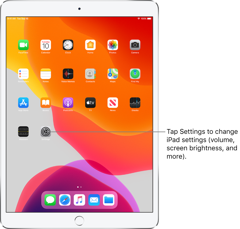 The iPad Home screen with several icons, including the Settings icon, which you can tap to change your iPad sound volume, screen brightness, and more.