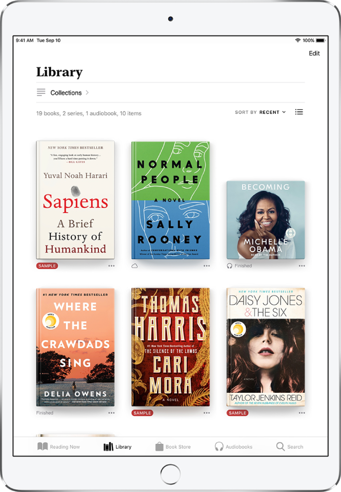 The Library screen in the Books app. At the top of the screen is the Collections button and sorting options. The sort option Recent is selected. In the middle of the screen are covers of books in the library. At the bottom of the screen are, from left to right, the Reading Now, Library, Book Store, Audiobooks, and Search tabs.