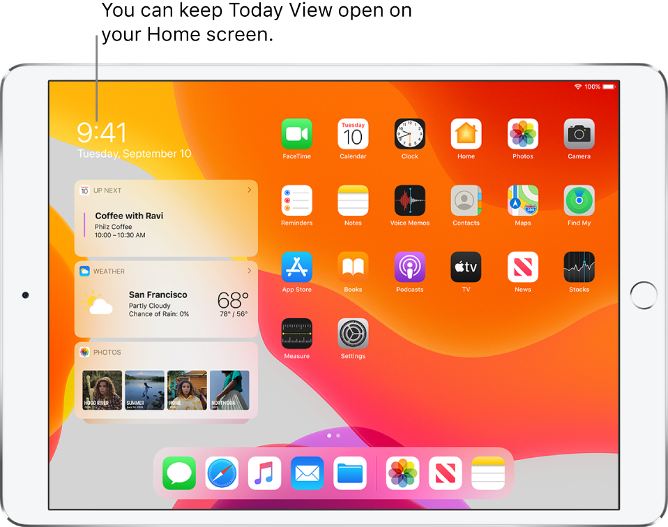 The Home screen with Today View widgets—including the Up Next, Weather, and Photos widgets—pinned on the Home screen next to the app icons.