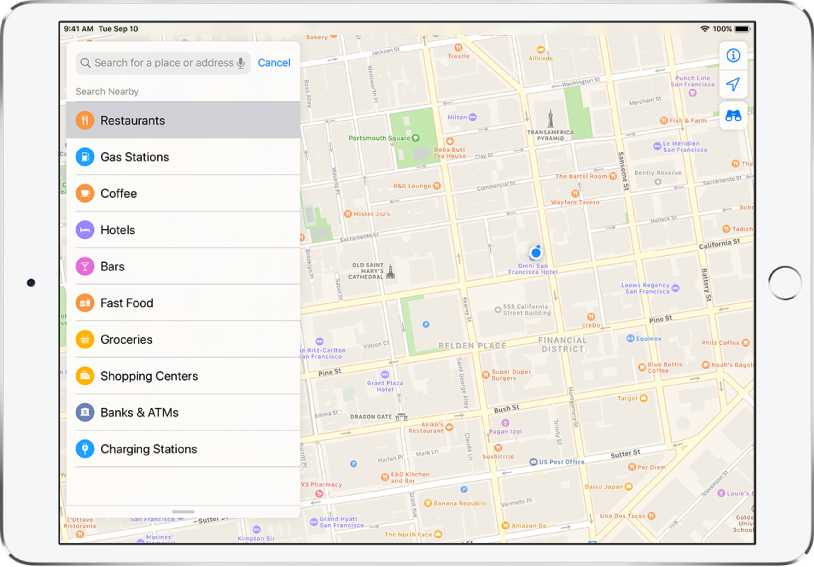 A map showing a portion of downtown San Francisco. On the left is a list of items including Restaurants, Coffee, and Fast Food; Restaurants is selected. On the map, orange icons indicate places to eat. Info, location, and 3D buttons appear at the top right.