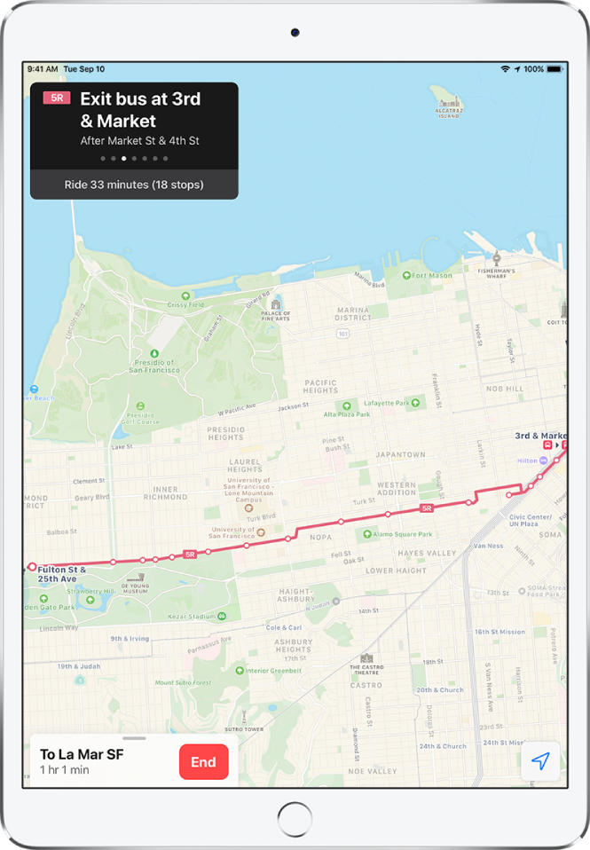 A map of a transit route across San Francisco. A route card in the upper left shows the instruction “Exit bus at 3rd and Market.”