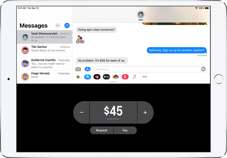 An iMessage conversation with the Apple Pay app open at the bottom.