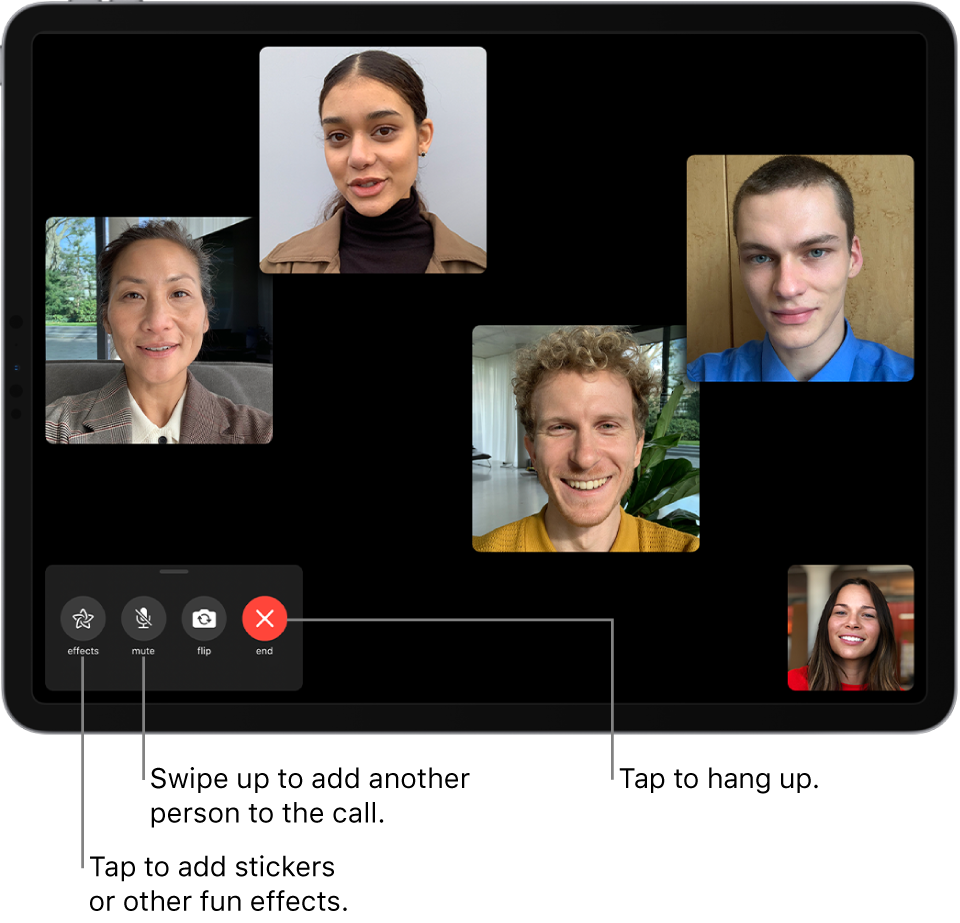 A Group FaceTime call with five participants, including the originator. Each participant appears in a separate tile. The controls at the bottom left are effects, mute, flip, and end.